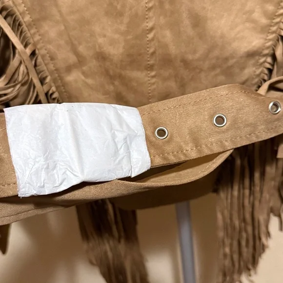 Western Tan fringe cropped moto zip jacket faux suede with belt women’s MEDIUM - Picture 10 of 15